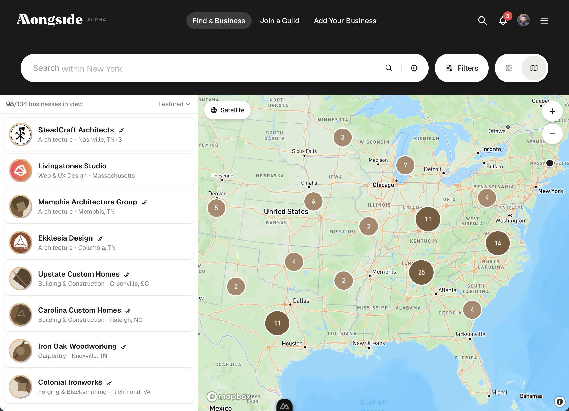 The Alongside business directory on desktop