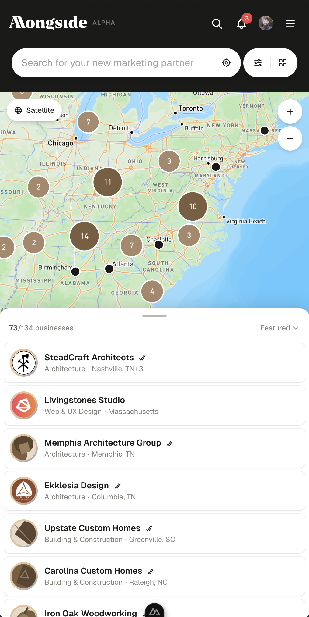 The Alongside business directory on mobile